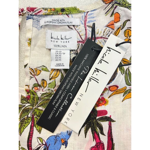 Nicole Miller Sleeveless A-Line Dress With Vibrant Tropical Print 100% Linen XS - Picture 4 of 7